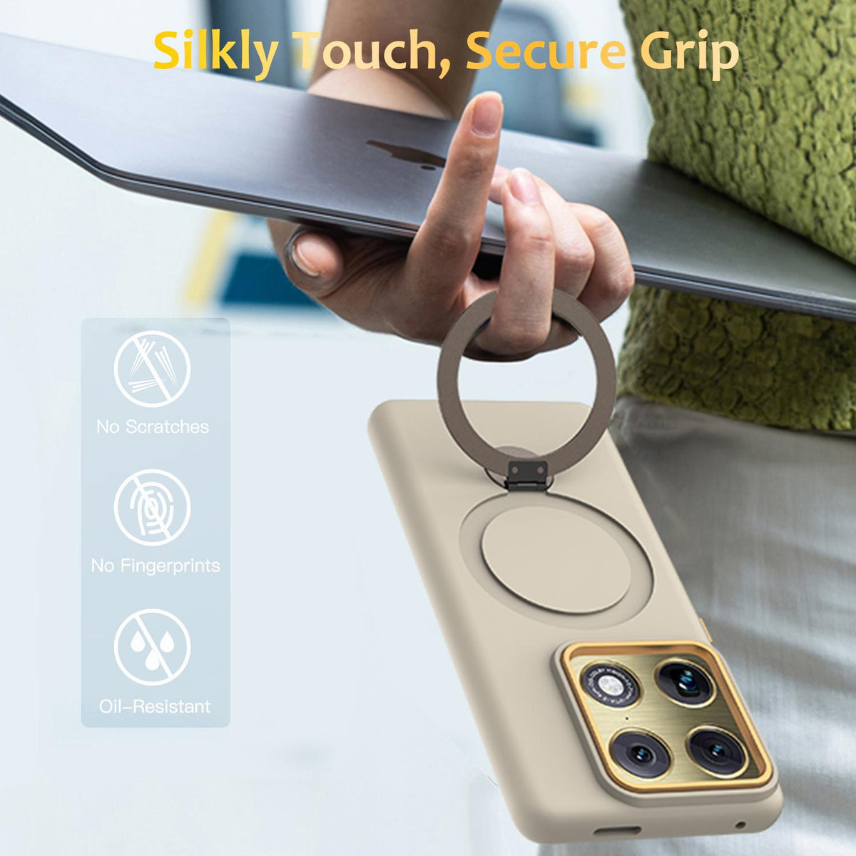 For Motorola Edge 70 Ultra / Signature 5G Gen1.5 Pivot Ring Holder TPU Hybrid PC Phone Case - Apricot - EDA008829223E