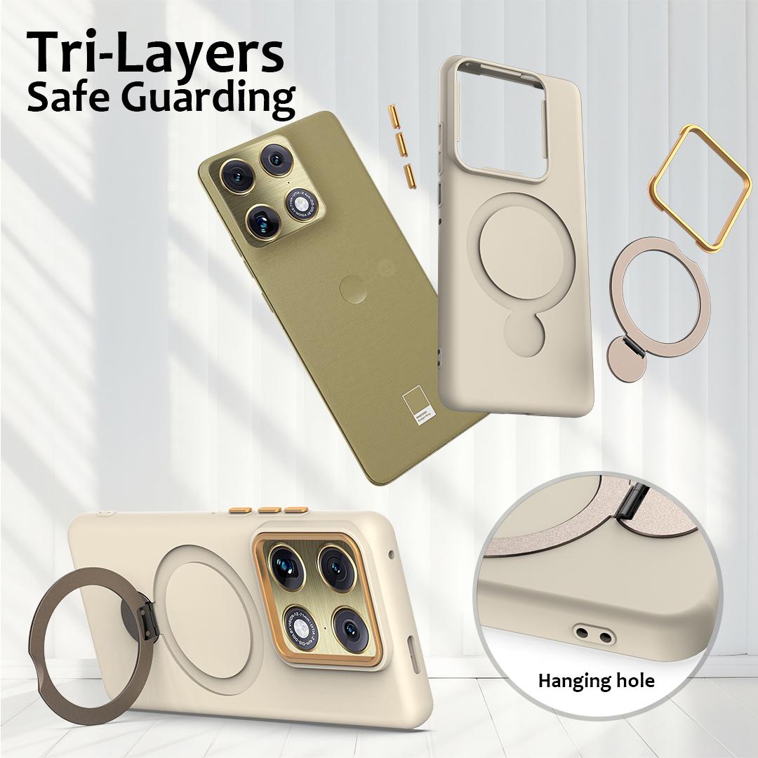 For Motorola Edge 70 Ultra / Signature 5G Gen1.5 Pivot Ring Holder TPU Hybrid PC Phone Case - Apricot - EDA008829223E