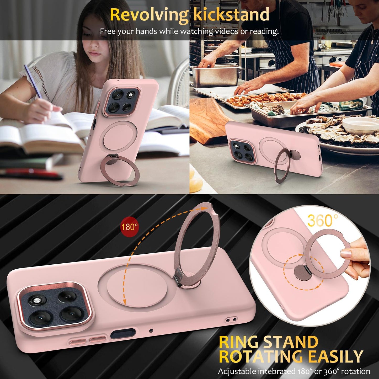 For Motorola Moto G77 Power / G67 Power 5G Gen1.5 Pivot Ring Holder TPU Hybrid PC Phone Case(Pink)
