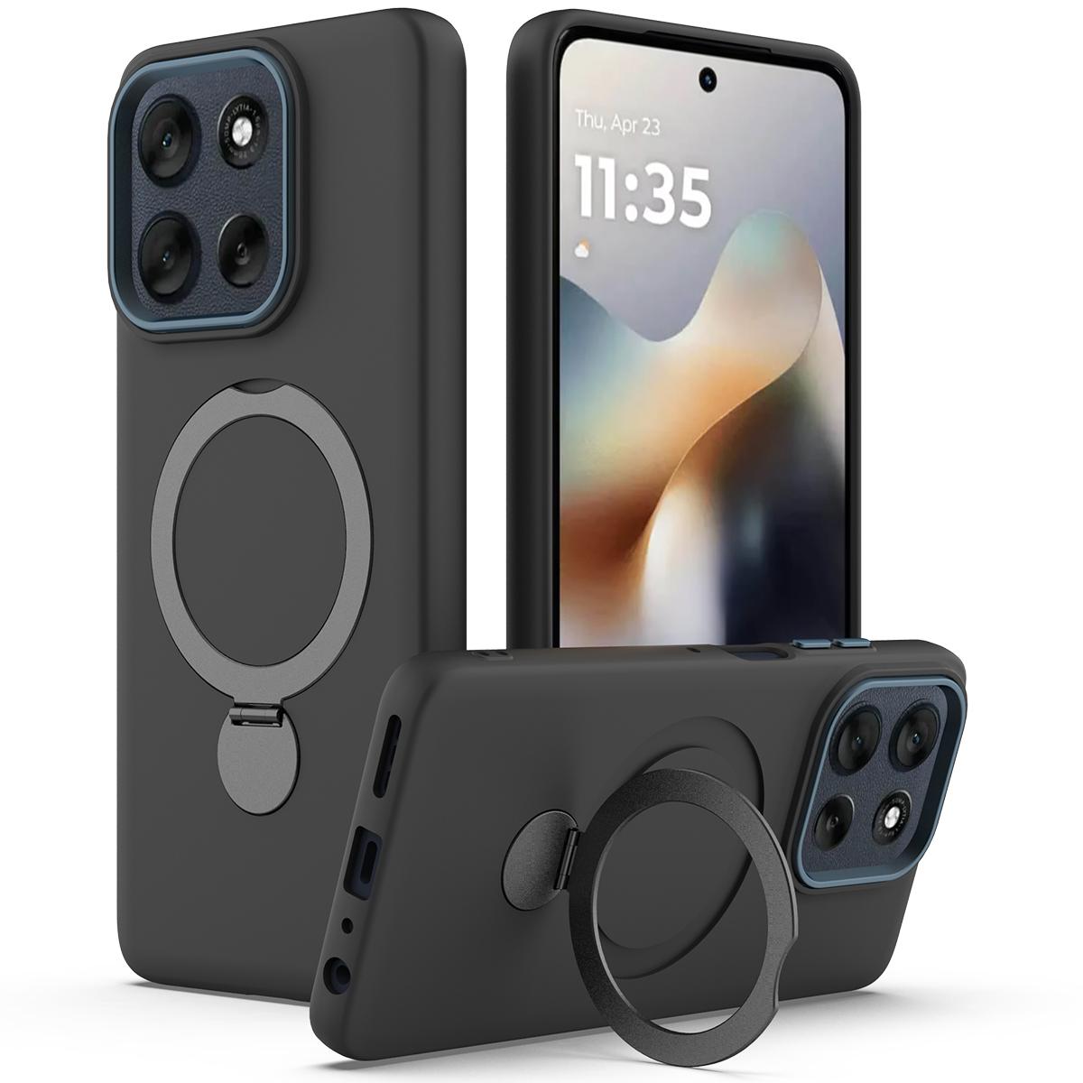 For Motorola Moto G77 Power / G67 Power 5G Gen1.5 Pivot Ring Holder TPU Hybrid PC Phone Case(Black)