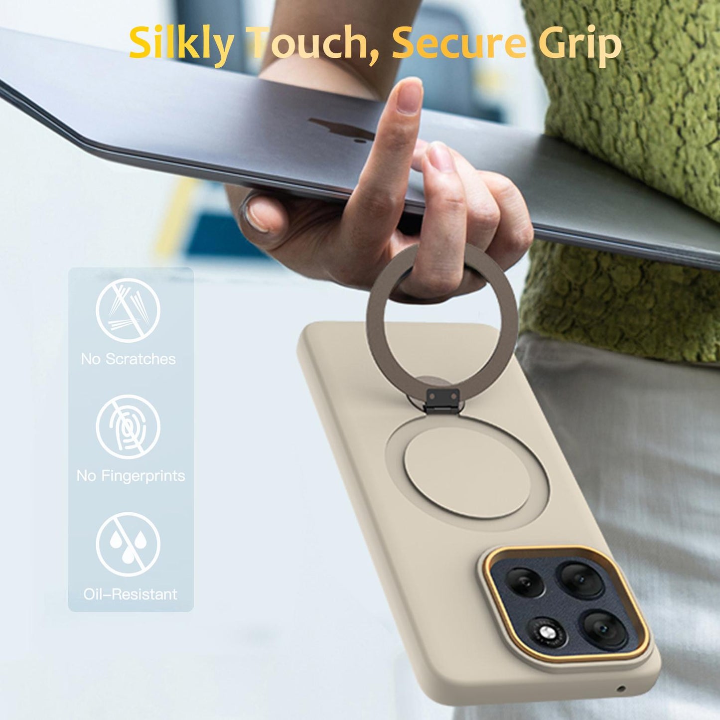 For Motorola Moto G77 Power / G67 Power 5G Gen1.5 Pivot Ring Holder TPU Hybrid PC Phone Case(Apricot)