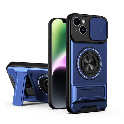 For iPhone 14 Plus Lens Sliding Window Multifunctional Magnetic Shockproof Phone Case - Royal Blue - EDA008865916A