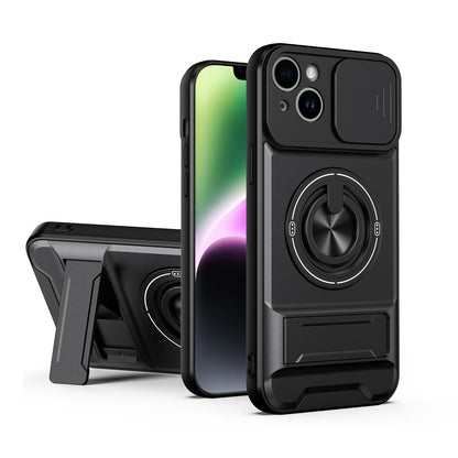 For iPhone 14 Plus Lens Sliding Window Multifunctional Magnetic Shockproof Phone Case - Black - EDA008865916B