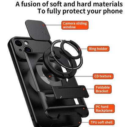 For iPhone 14 Plus Lens Sliding Window Multifunctional Magnetic Shockproof Phone Case - Black - EDA008865916B