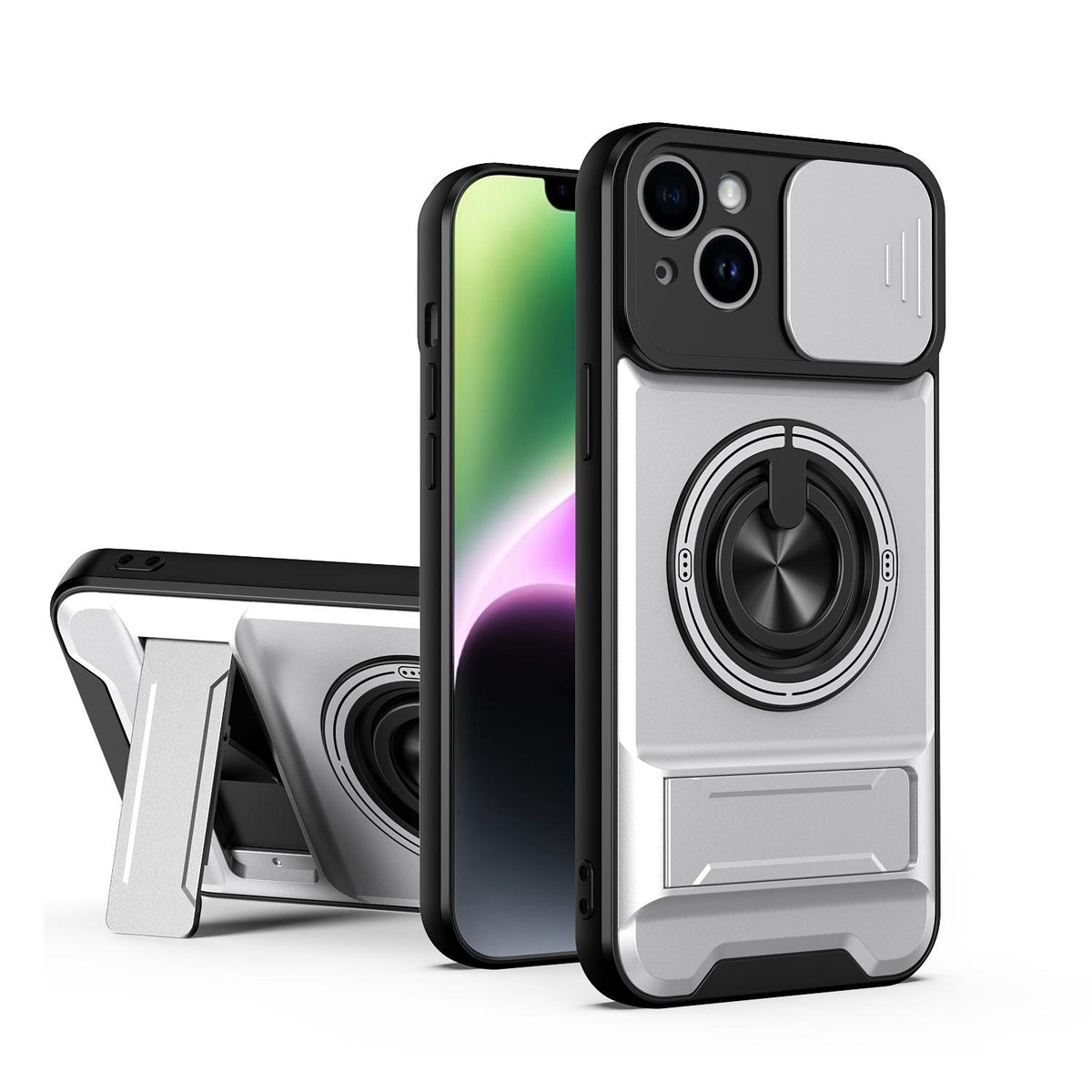 For iPhone 14 Plus Lens Sliding Window Multifunctional Magnetic Shockproof Phone Case - Titanium Gray - EDA008865916D