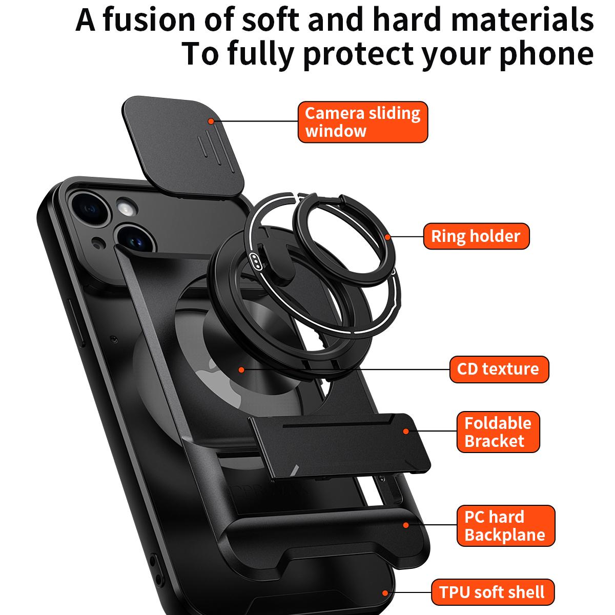For iPhone 14 Plus Lens Sliding Window Multifunctional Magnetic Shockproof Phone Case - Titanium Gray - EDA008865916D