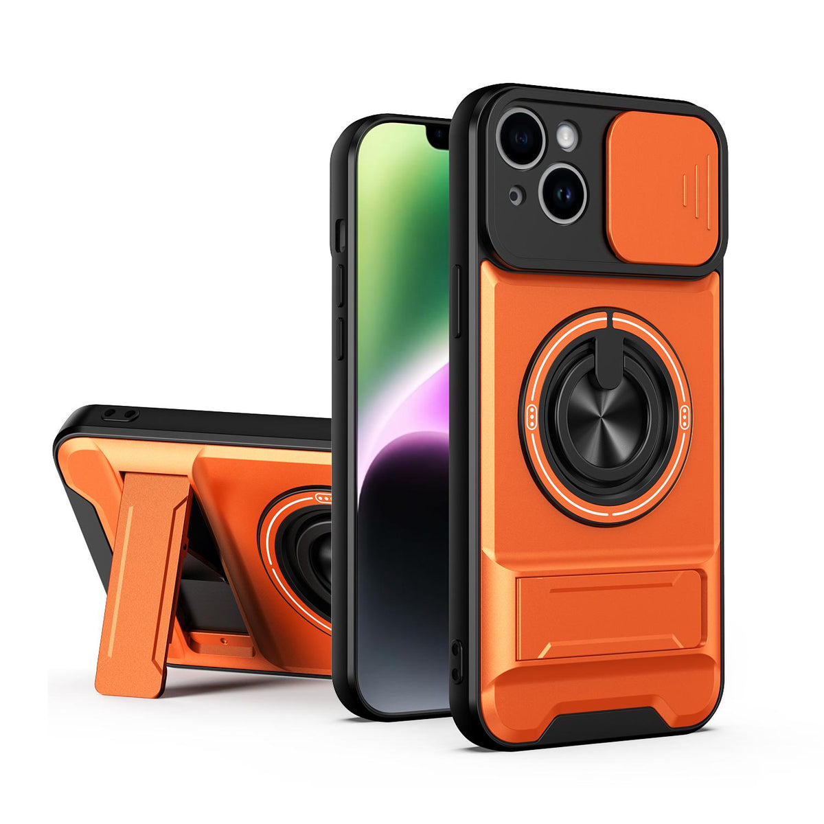 For iPhone 14 Plus Lens Sliding Window Multifunctional Magnetic Shockproof Phone Case - Orange - EDA008865916E