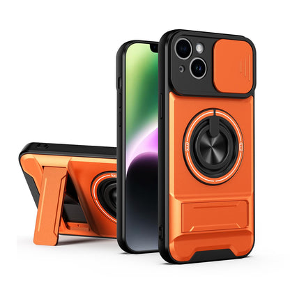 For iPhone 14 Plus Lens Sliding Window Multifunctional Magnetic Shockproof Phone Case - Orange - EDA008865916E