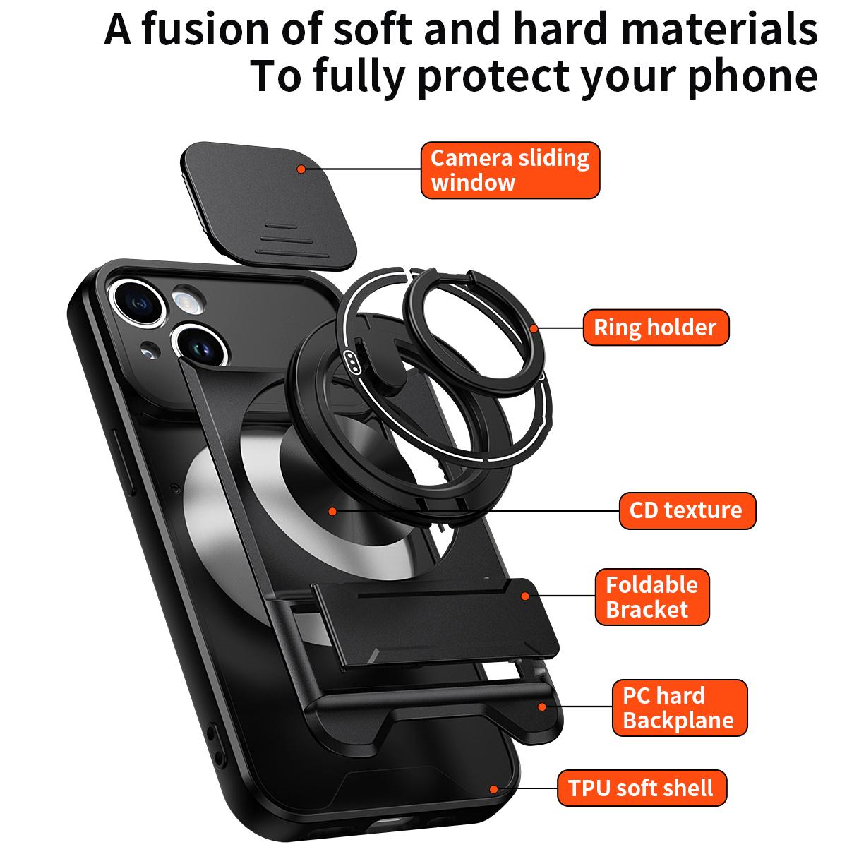 For iPhone 14 Lens Sliding Window Multifunctional Magnetic Shockproof Phone Case - Orange - EDA008865917E