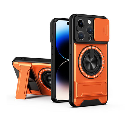For iPhone 14 Pro Lens Sliding Window Multifunctional Magnetic Shockproof Phone Case - Orange - EDA008865918E