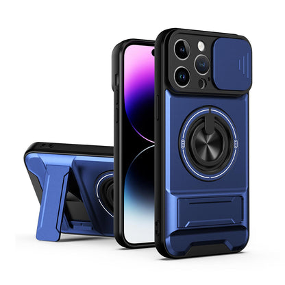 For iPhone 14 Pro Max Lens Sliding Window Multifunctional Magnetic Shockproof Phone Case - Royal Blue - EDA008865919A