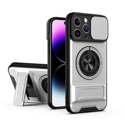 For iPhone 14 Pro Max Lens Sliding Window Multifunctional Magnetic Shockproof Phone Case - Titanium Gray - EDA008865919D