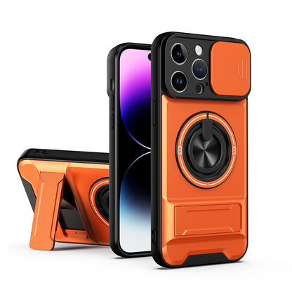 For iPhone 14 Pro Max Lens Sliding Window Multifunctional Magnetic Shockproof Phone Case - Orange - EDA008865919E