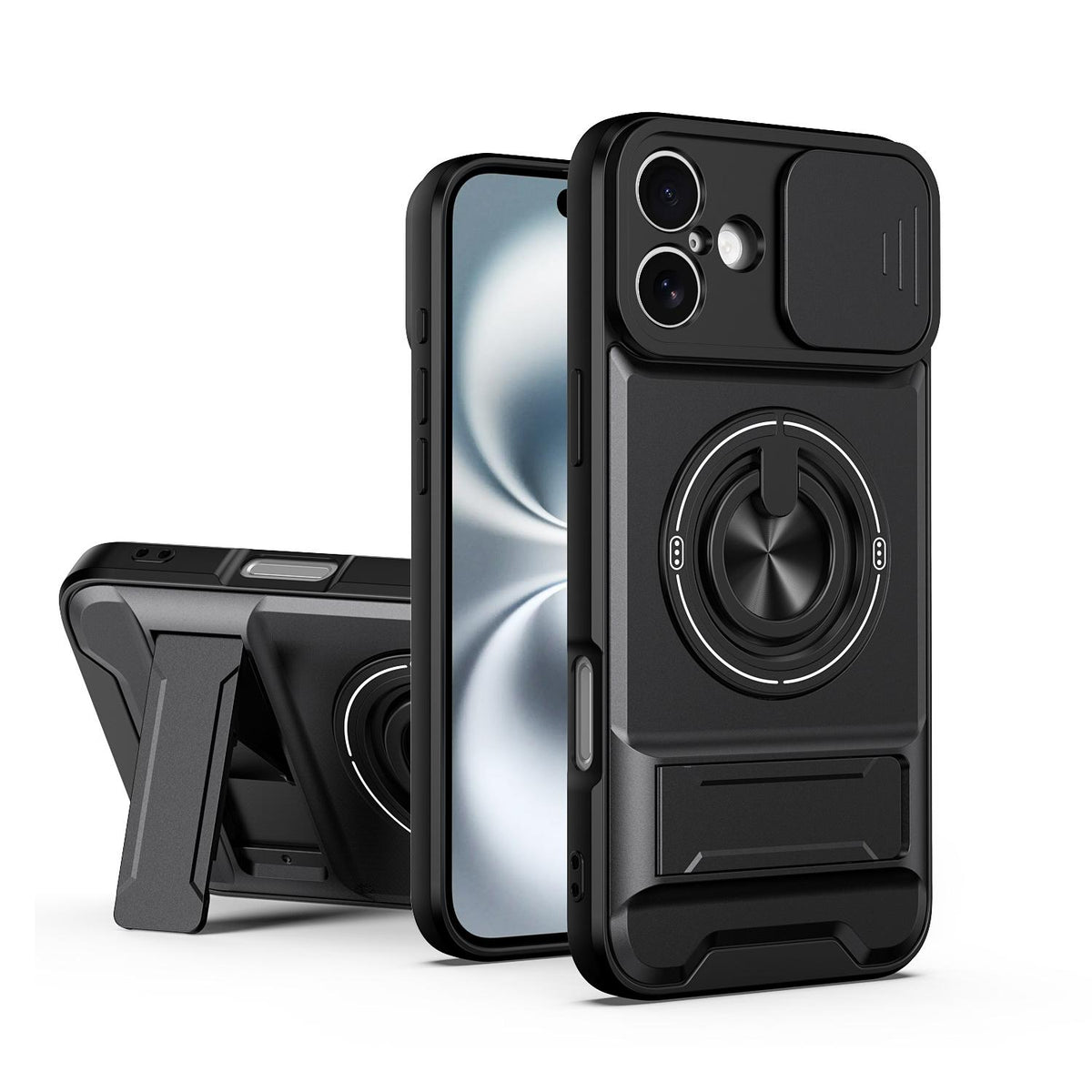 For iPhone 16 Plus Lens Sliding Window Multifunctional Magnetic Shockproof Phone Case - Black - EDA008865920B