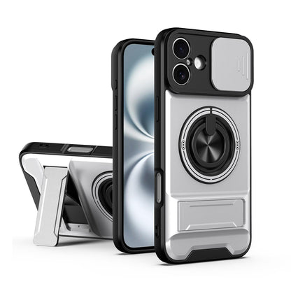 For iPhone 16 Plus Lens Sliding Window Multifunctional Magnetic Shockproof Phone Case - Titanium Gray - EDA008865920D
