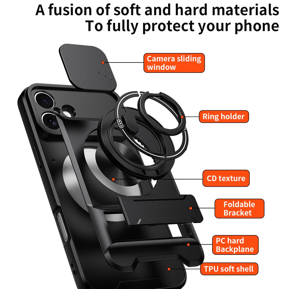 For iPhone 16 Plus Lens Sliding Window Multifunctional Magnetic Shockproof Phone Case - Titanium Gray - EDA008865920D