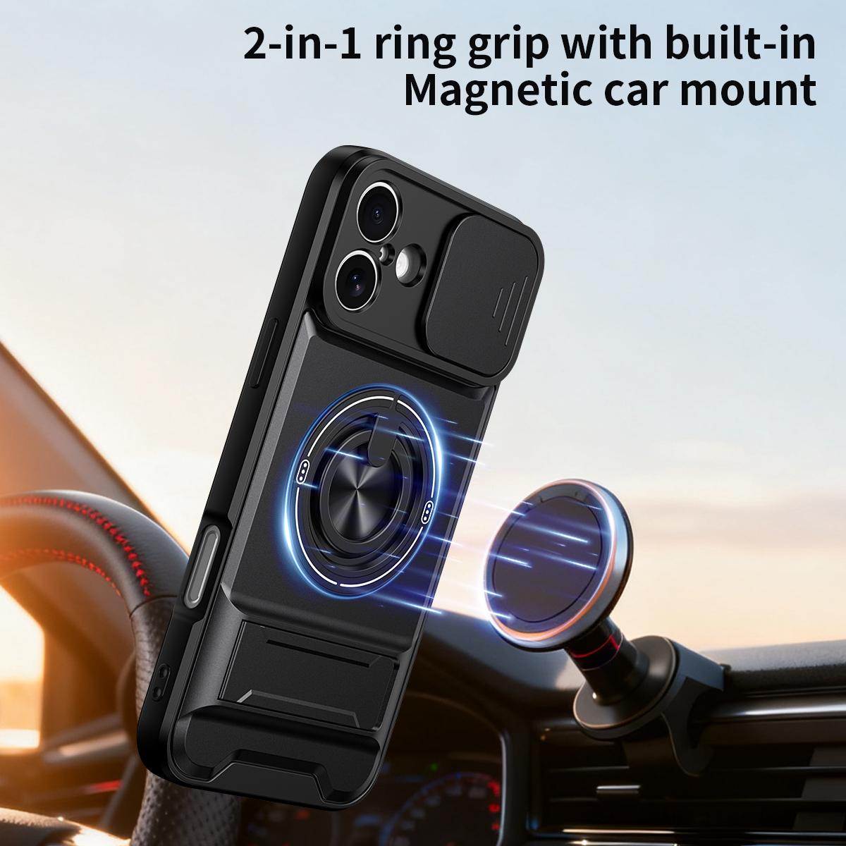 For iPhone 16 Plus Lens Sliding Window Multifunctional Magnetic Shockproof Phone Case - Titanium Gray - EDA008865920D