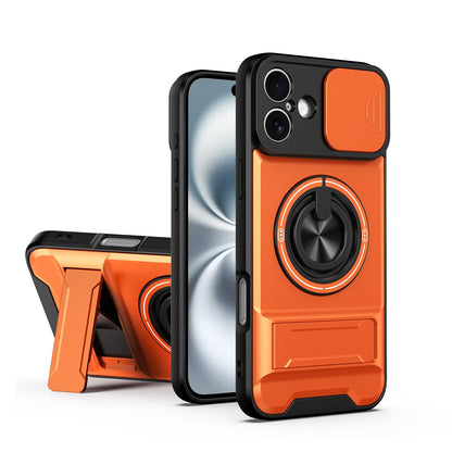 For iPhone 16 Plus Lens Sliding Window Multifunctional Magnetic Shockproof Phone Case - Orange - EDA008865920E