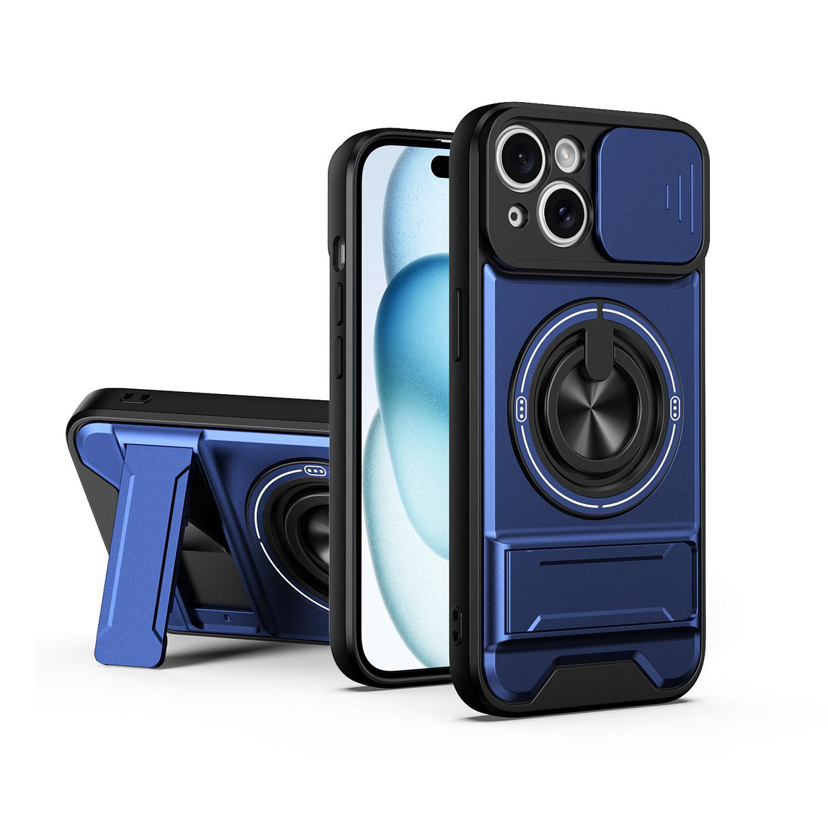 For iPhone 15 Lens Sliding Window Multifunctional Magnetic Shockproof Phone Case - Royal Blue - EDA008865921A