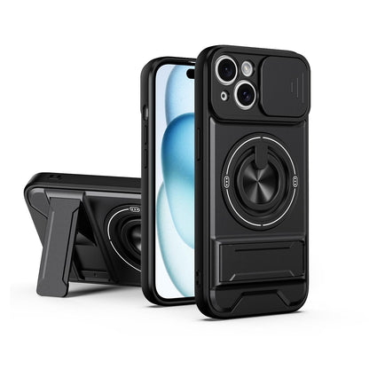 For iPhone 15 Lens Sliding Window Multifunctional Magnetic Shockproof Phone Case - Black - EDA008865921B