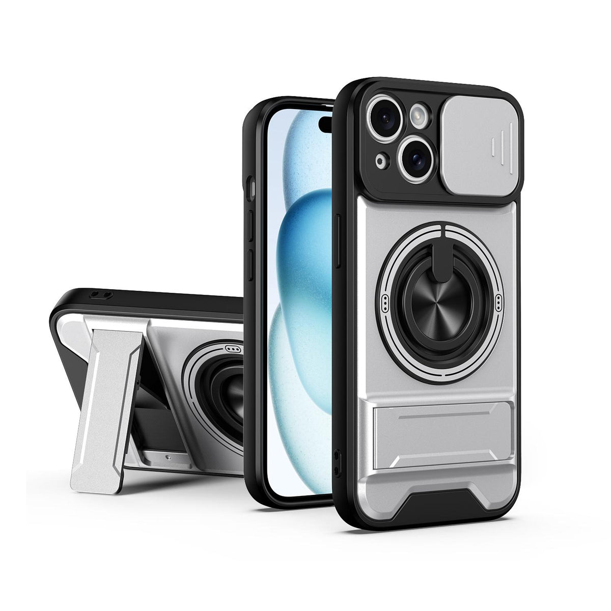 For iPhone 15 Lens Sliding Window Multifunctional Magnetic Shockproof Phone Case - Titanium Gray - EDA008865921D