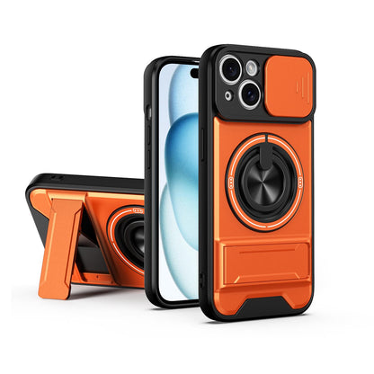 For iPhone 15 Lens Sliding Window Multifunctional Magnetic Shockproof Phone Case - Orange - EDA008865921E