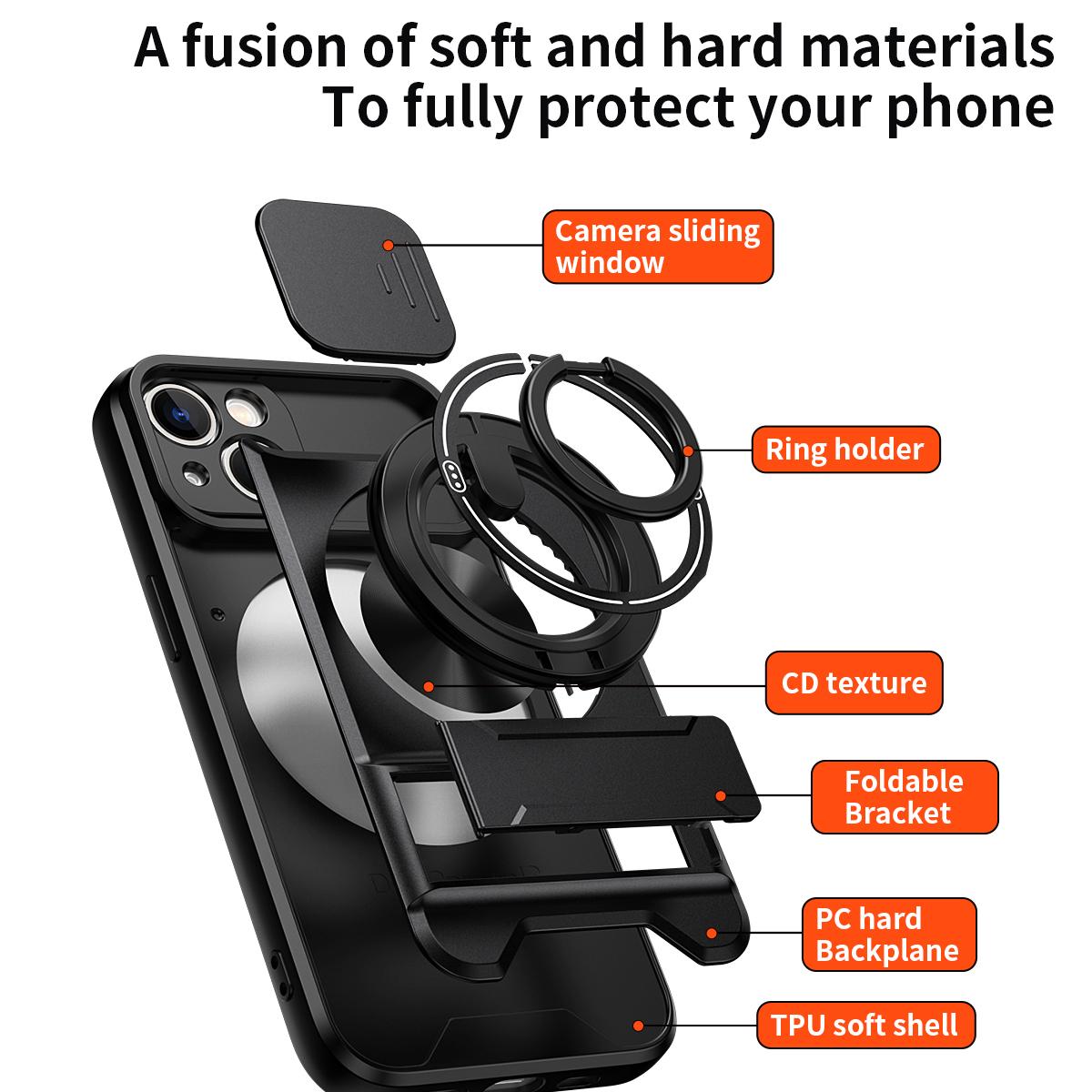 For iPhone 13 Lens Sliding Window Multifunctional Magnetic Shockproof Phone Case - Black - EDA008865922B