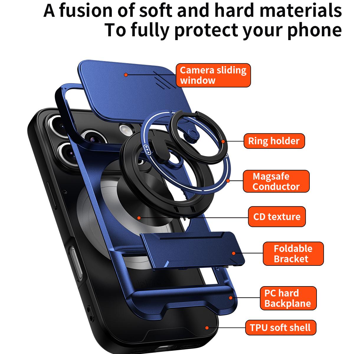 For iPhone 18 Pro Max Lens Sliding Window Multifunctional Magnetic Shockproof Phone Case - Royal Blue - EDA008865929A