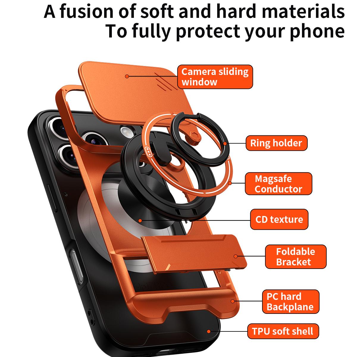 For iPhone 18 Pro Lens Sliding Window Multifunctional Magnetic Shockproof Phone Case - Orange - EDA008865930E