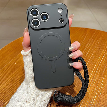 For iPhone 18 Pro Solid Color Liquid Silicone Magnetic Phone Case with Lanyard - Black - EDA008879025A