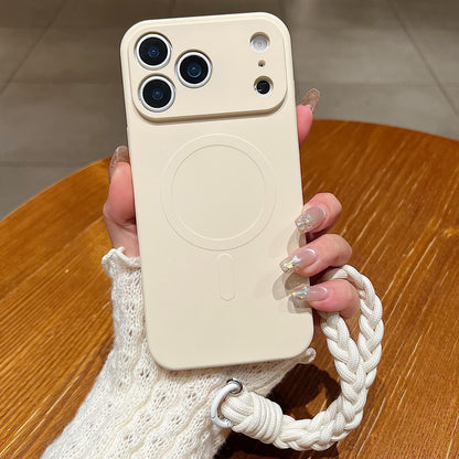 For iPhone 18 Pro Solid Color Liquid Silicone Magnetic Phone Case with Lanyard - Antique White - EDA008879025C