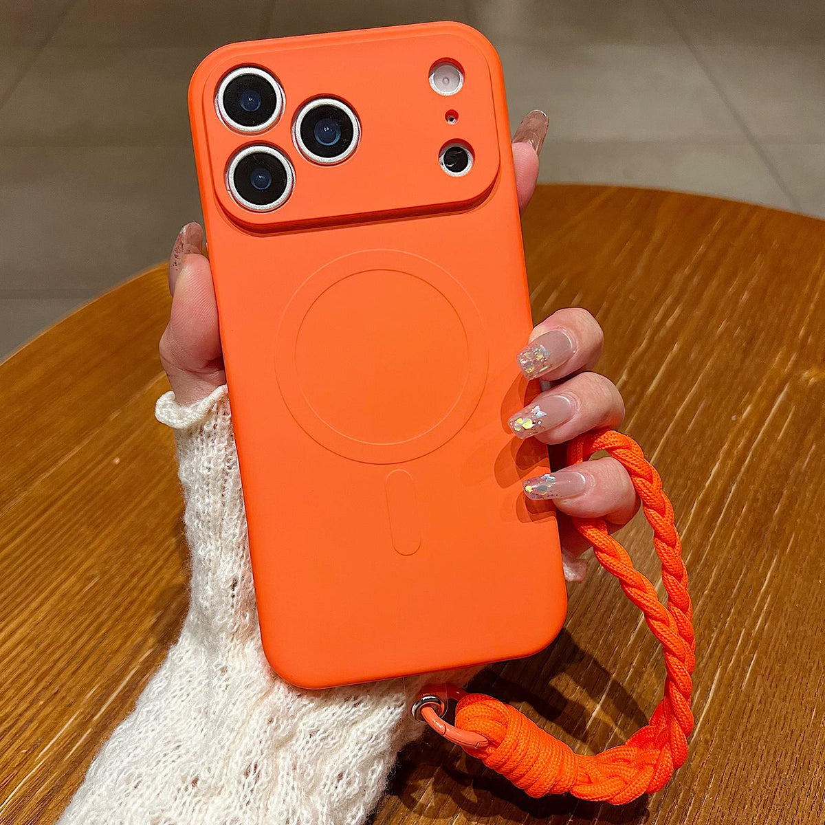 For iPhone 18 Pro Solid Color Liquid Silicone Magnetic Phone Case with Lanyard - Orange - EDA008879025M