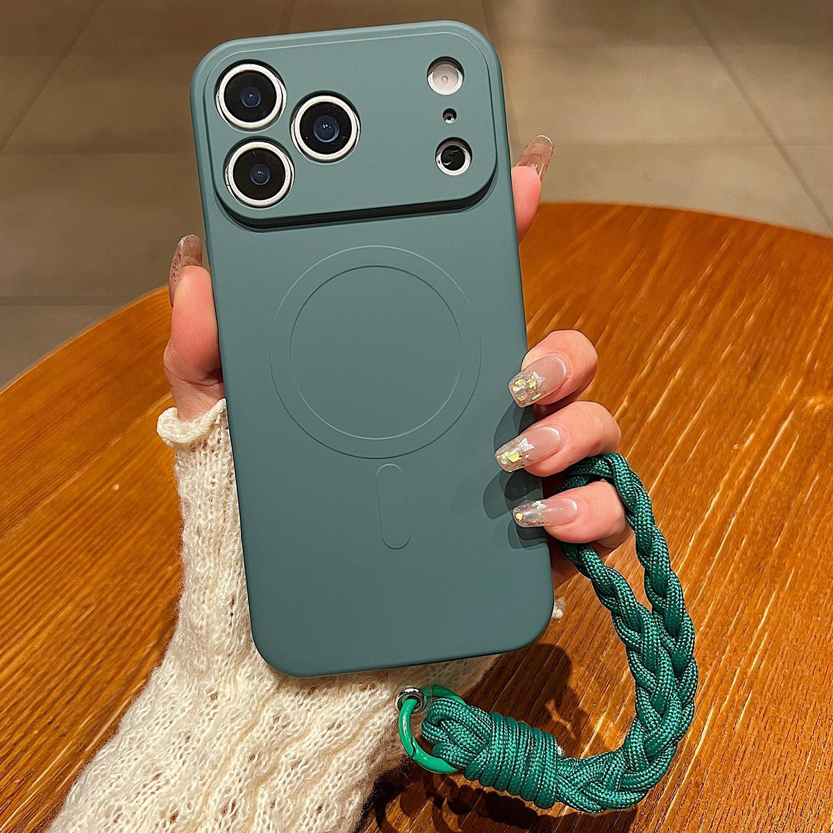 For iPhone 18 Pro Max Solid Color Liquid Silicone Magnetic Phone Case with Lanyard - Dark Green - EDA008879026D