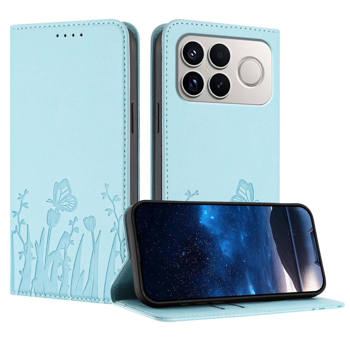 For Redmi K90 Pro Max / Poco F8 Ultra 5G Tulips Butterfly Pattern Magnetic Vegan Leather Phone Case(Light Blue)