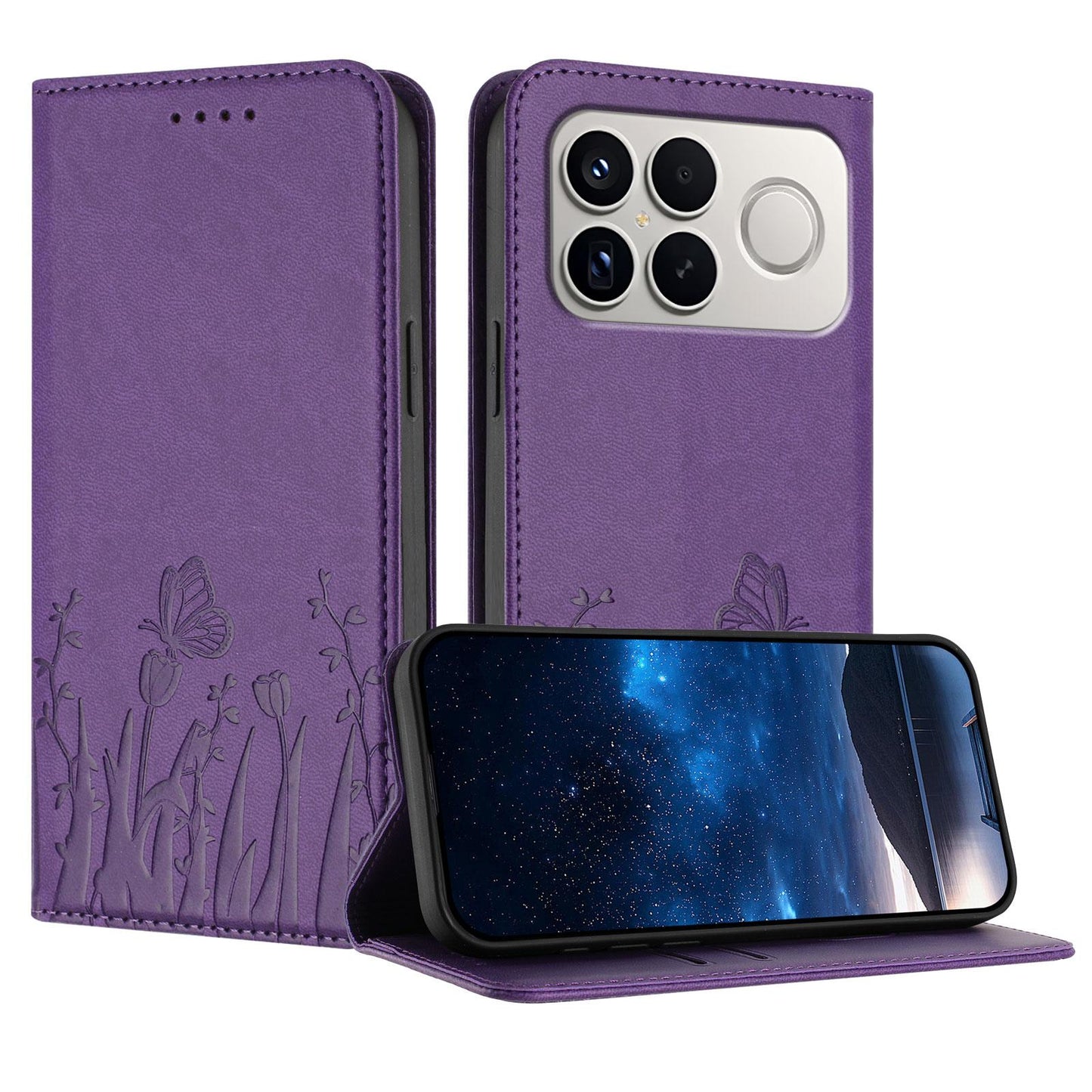 For Redmi K90 Pro Max / Poco F8 Ultra 5G Tulips Butterfly Pattern Magnetic Vegan Leather Phone Case(Dark Purple)