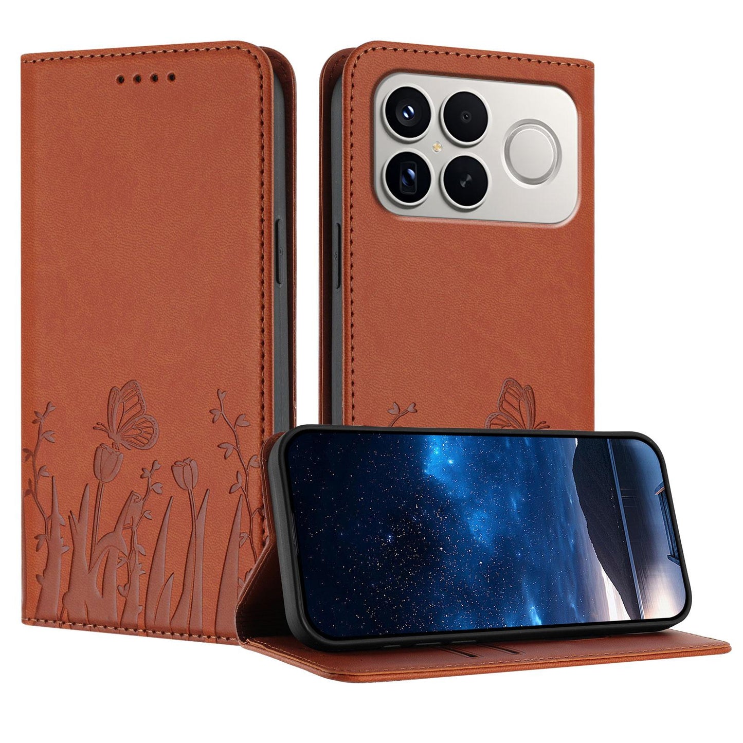 For Redmi K90 Pro Max / Poco F8 Ultra 5G Tulips Butterfly Pattern Magnetic Vegan Leather Phone Case(Coffee)