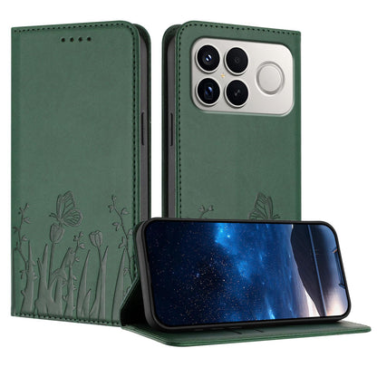 For Redmi K90 Pro Max / Poco F8 Ultra 5G Tulips Butterfly Pattern Magnetic Vegan Leather Phone Case(Dark Green)