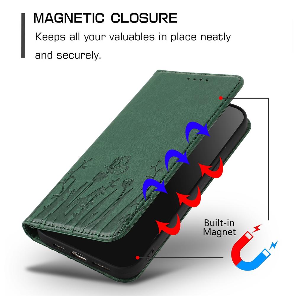 For Redmi K90 Pro Max / Poco F8 Ultra 5G Tulips Butterfly Pattern Magnetic Vegan Leather Phone Case(Dark Green)