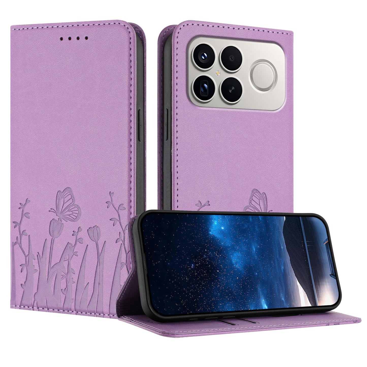 For Redmi K90 Pro Max / Poco F8 Ultra 5G Tulips Butterfly Pattern Magnetic Vegan Leather Phone Case(Light Purple)