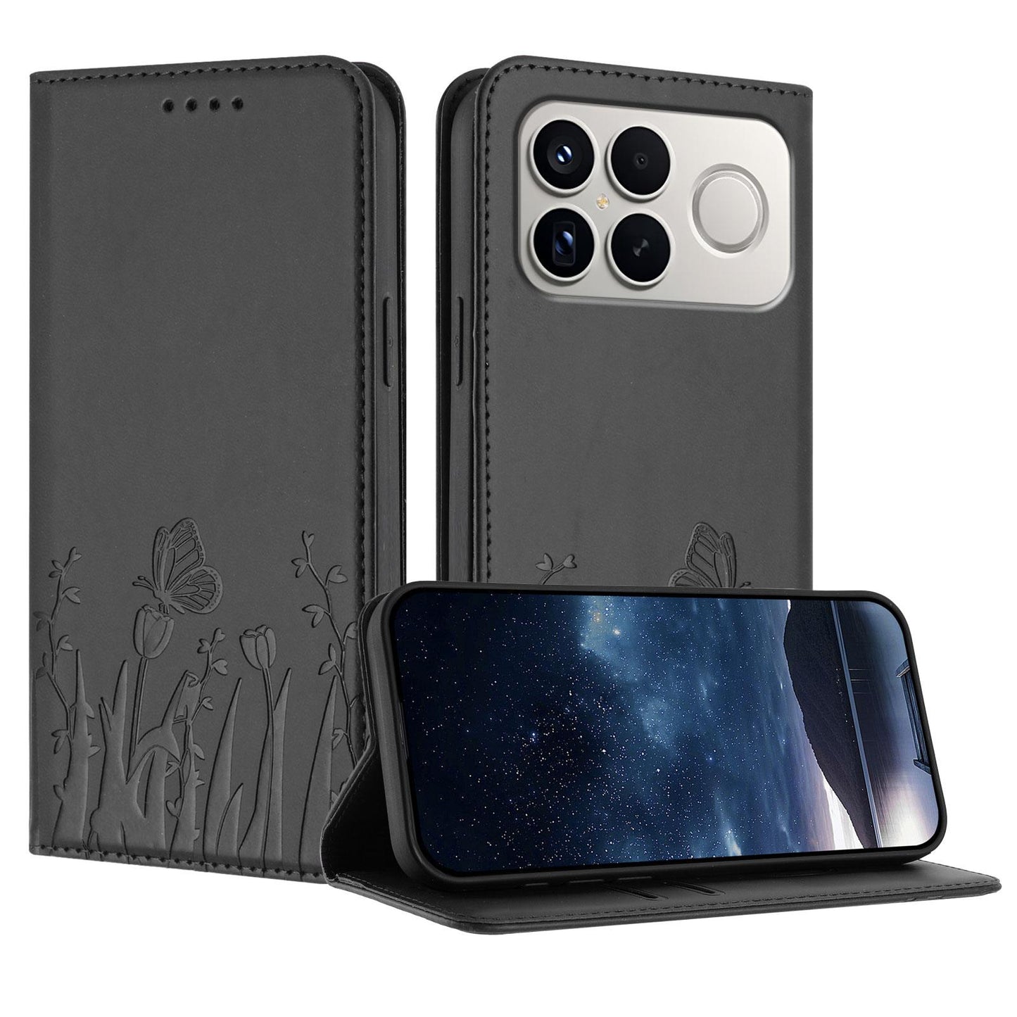 For Redmi K90 Pro Max / Poco F8 Ultra 5G Tulips Butterfly Pattern Magnetic Vegan Leather Phone Case(Black)