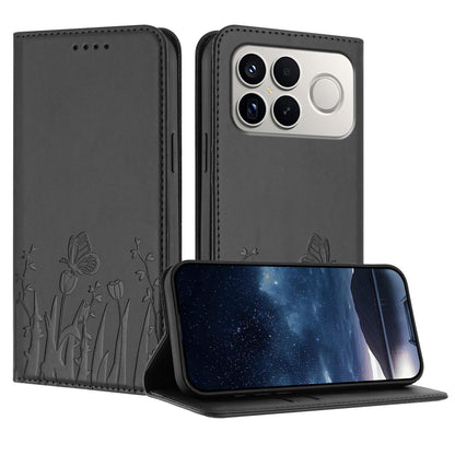 For Redmi K90 Pro Max / Poco F8 Ultra 5G Tulips Butterfly Pattern Magnetic Vegan Leather Phone Case(Black)