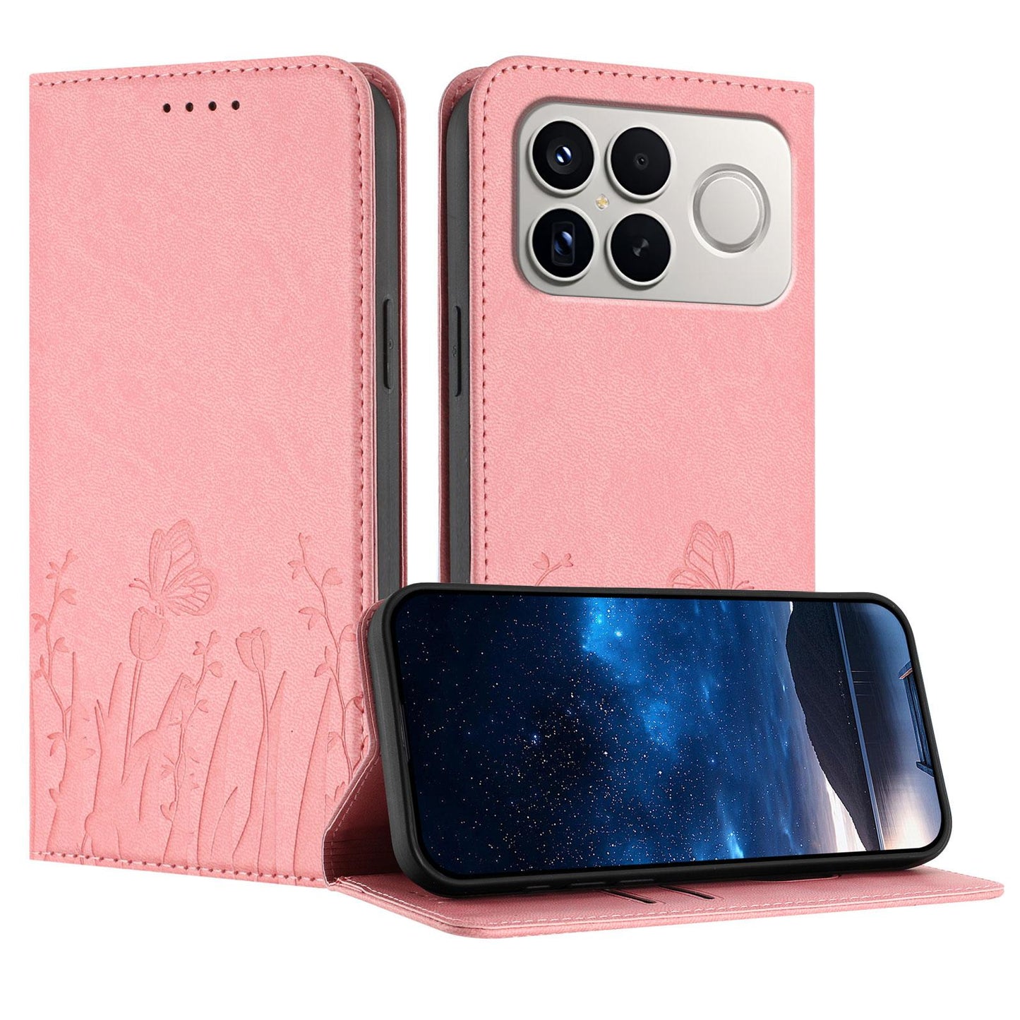 For Redmi K90 Pro Max / Poco F8 Ultra 5G Tulips Butterfly Pattern Magnetic Vegan Leather Phone Case(Pink)