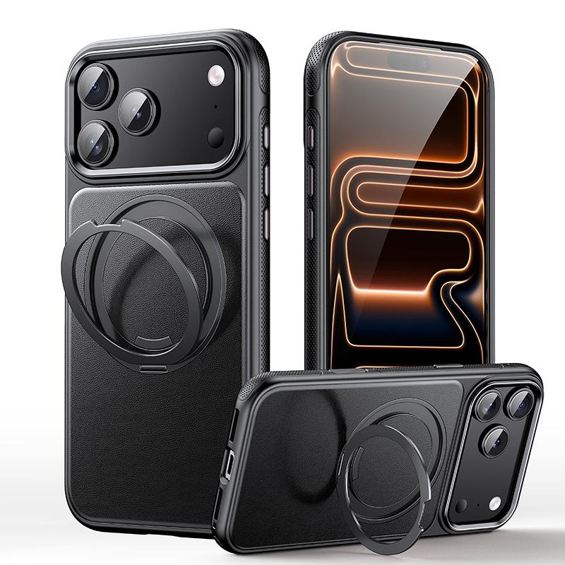 For iPhone 18 Pro Leather Texture 360 Degrees Rotating Magnetic Holder Phone Case - Black - EDA008981009B
