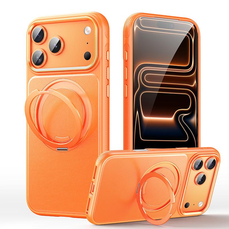 For iPhone 18 Pro Max Leather Texture 360 Degrees Rotating Magnetic Holder Phone Case - Orange - EDA008981010A