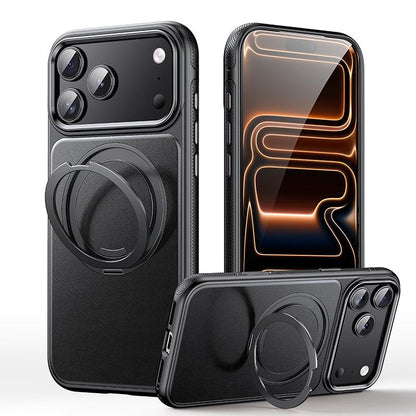 For iPhone 18 Pro Max Leather Texture 360 Degrees Rotating Magnetic Holder Phone Case - Black - EDA008981010B