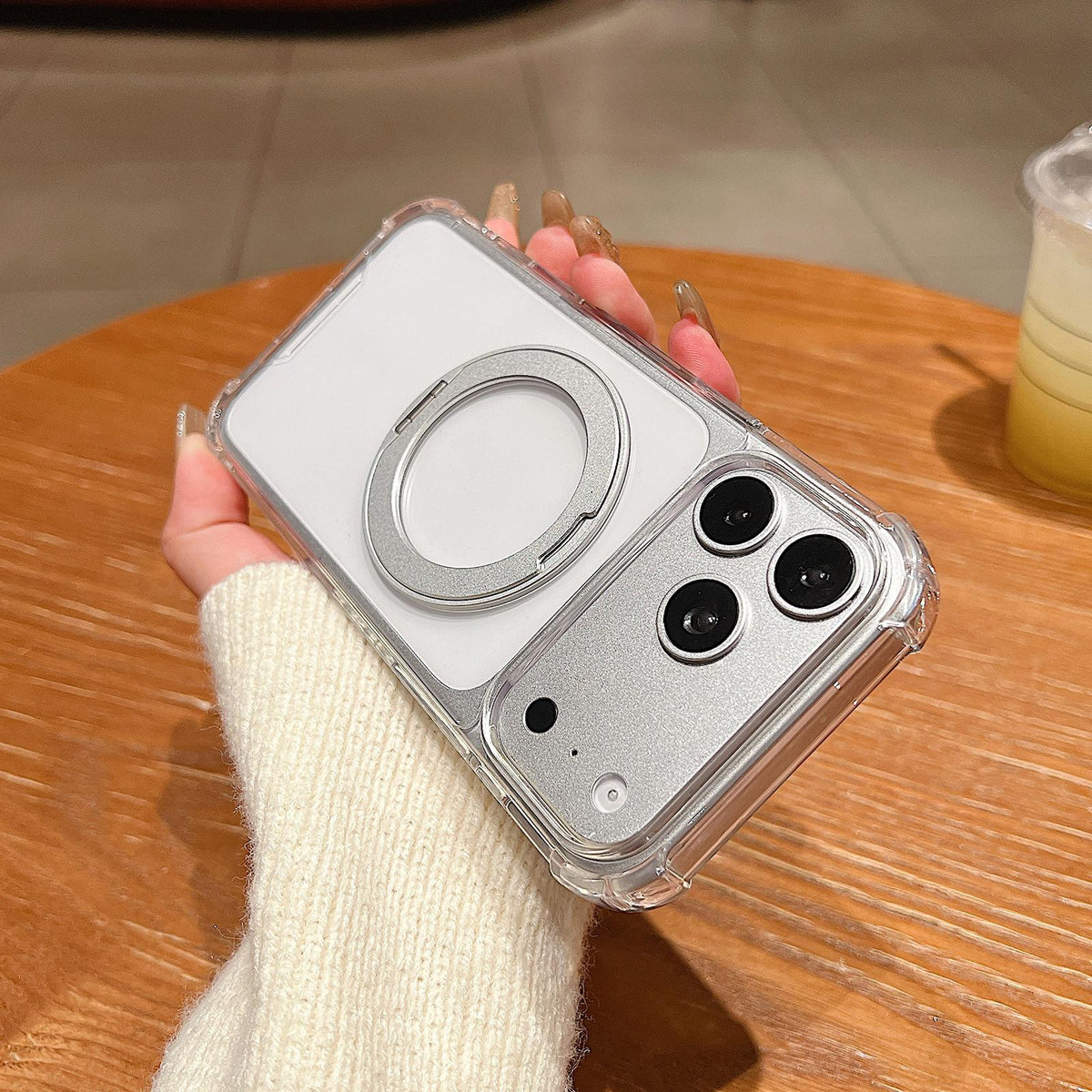 For iPhone 18 Pro Max Four Corner Shockproof Space Magnetic Phone Case with 360 Degrees Rotating Holder - Transparent - EDA008981823A