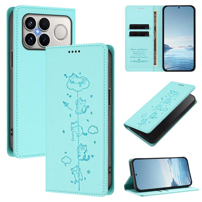 For Redmi K90 Pro Max / Xiaomi Poco F8 Ultra 5G Cute Cats Embossed Magnetic RFID Vegan Leather Phone Case(Mint Green)