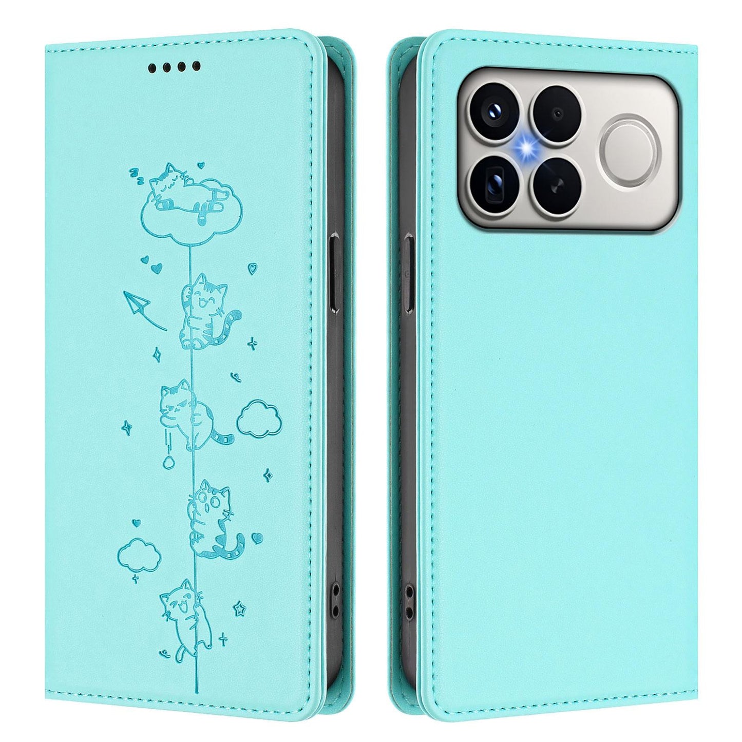 For Redmi K90 Pro Max / Xiaomi Poco F8 Ultra 5G Cute Cats Embossed Magnetic RFID Vegan Leather Phone Case(Mint Green)