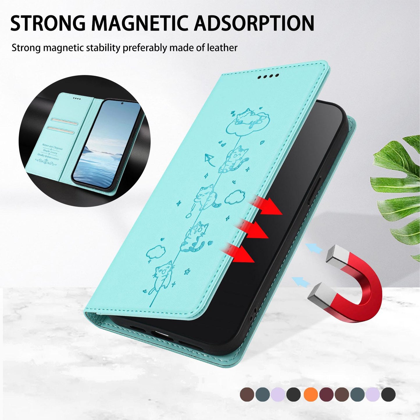 For Redmi K90 Pro Max / Xiaomi Poco F8 Ultra 5G Cute Cats Embossed Magnetic RFID Vegan Leather Phone Case(Mint Green)