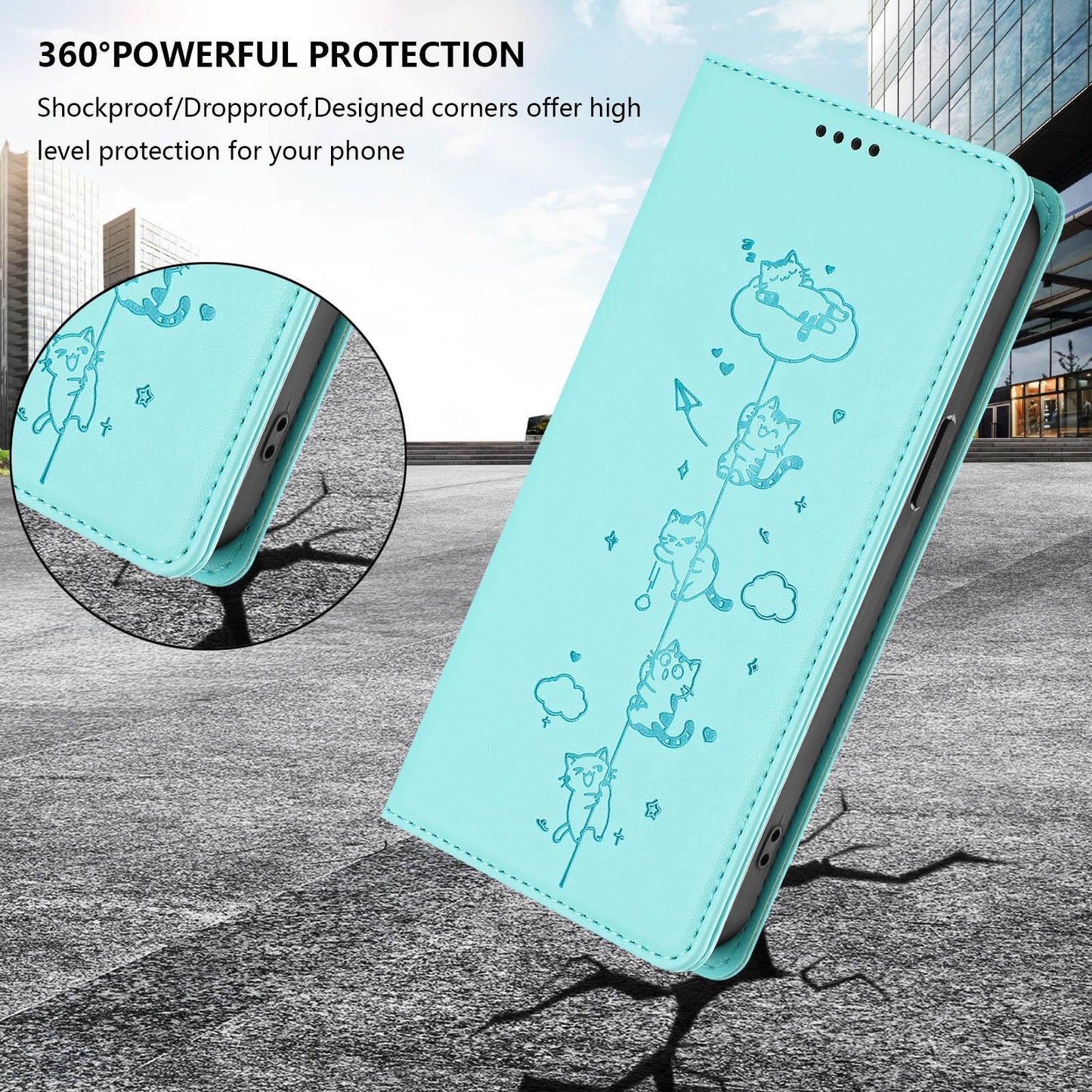 For Redmi K90 Pro Max / Xiaomi Poco F8 Ultra 5G Cute Cats Embossed Magnetic RFID Vegan Leather Phone Case(Mint Green)